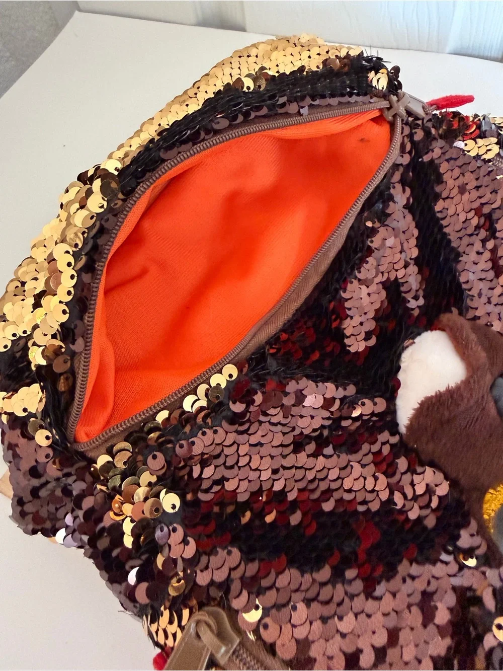Ty Fashion Flippables backpack. Reversible brown & gold sequins. Brutus